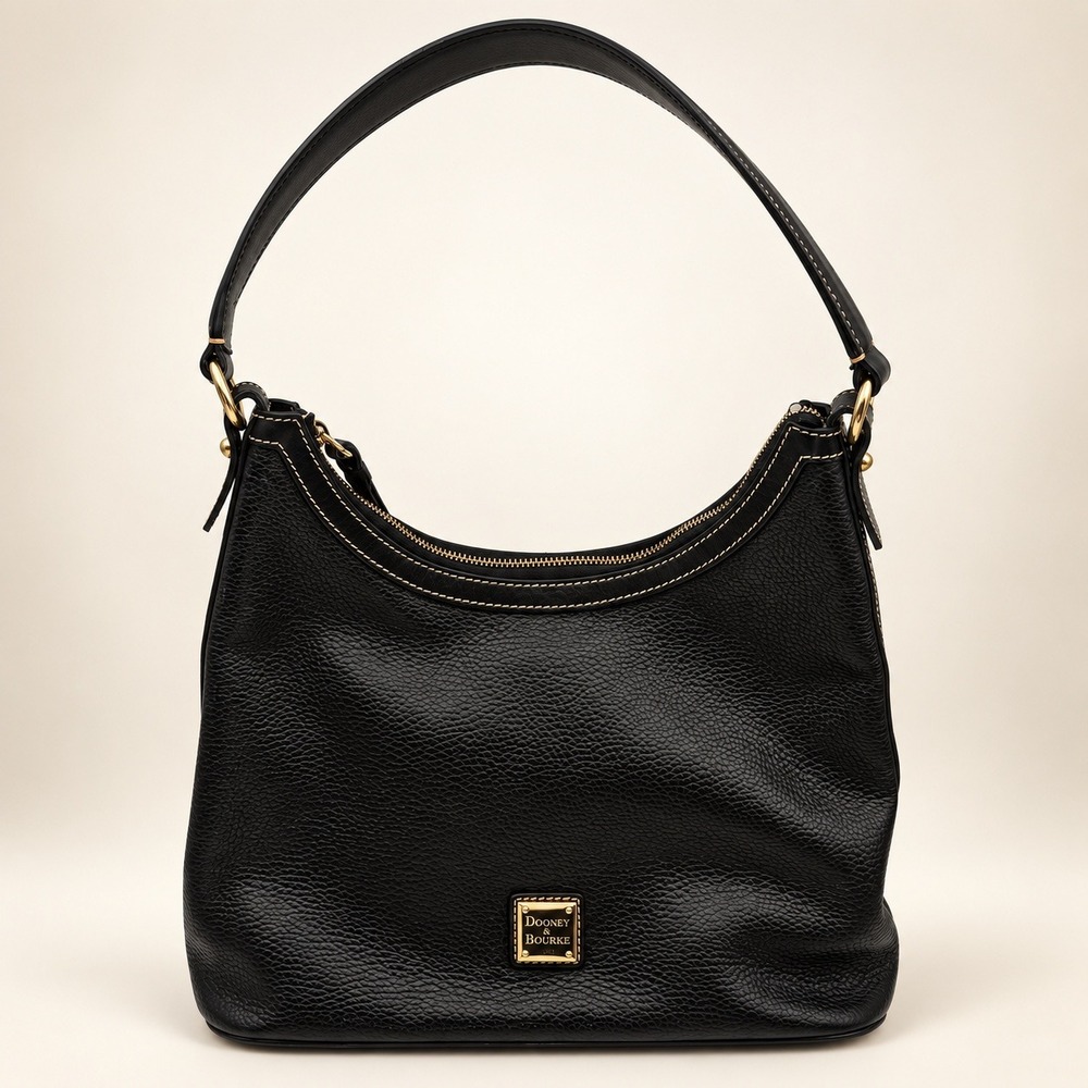 Dooney & Bourke Black Pebbled Leather Hobo Shoulder Bag Gold Hardware Logo